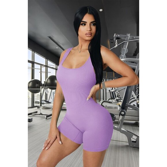 🆕 Women Purple Workout Unitard Bodysuit Seamless Yoga Ribbed Active Romper Sexy - Picture 4 of 7